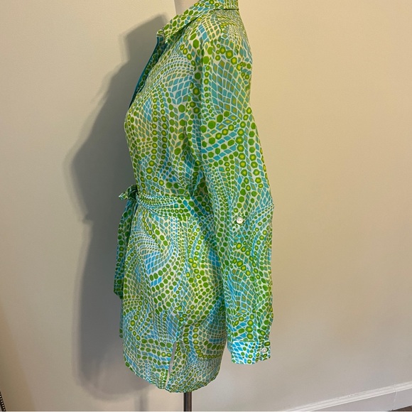 Trina Turk Green Yellow Button Front Shirt Dress Size Large cotton belted - Picture 4 of 8